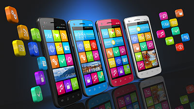 Four different color cell phones with apps