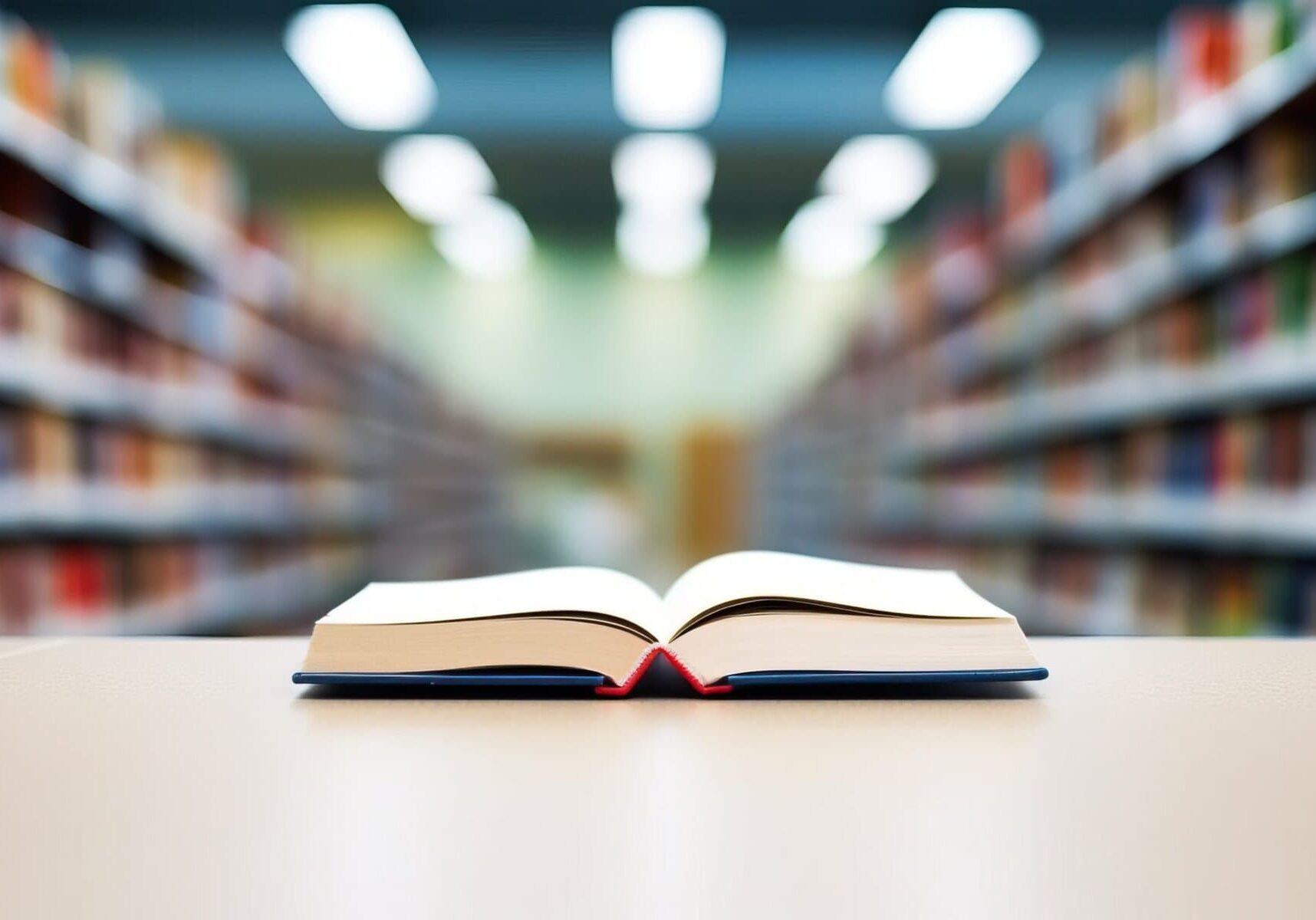 An open book on a table in a library with shelves of books in the background