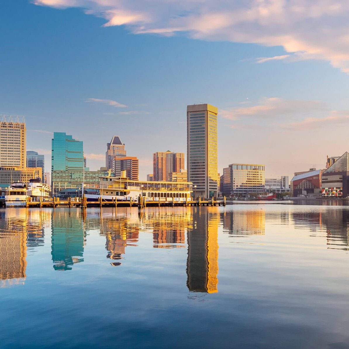 Downtown Baltimore city skyline, cityscape in Maryland, USA at twilight
