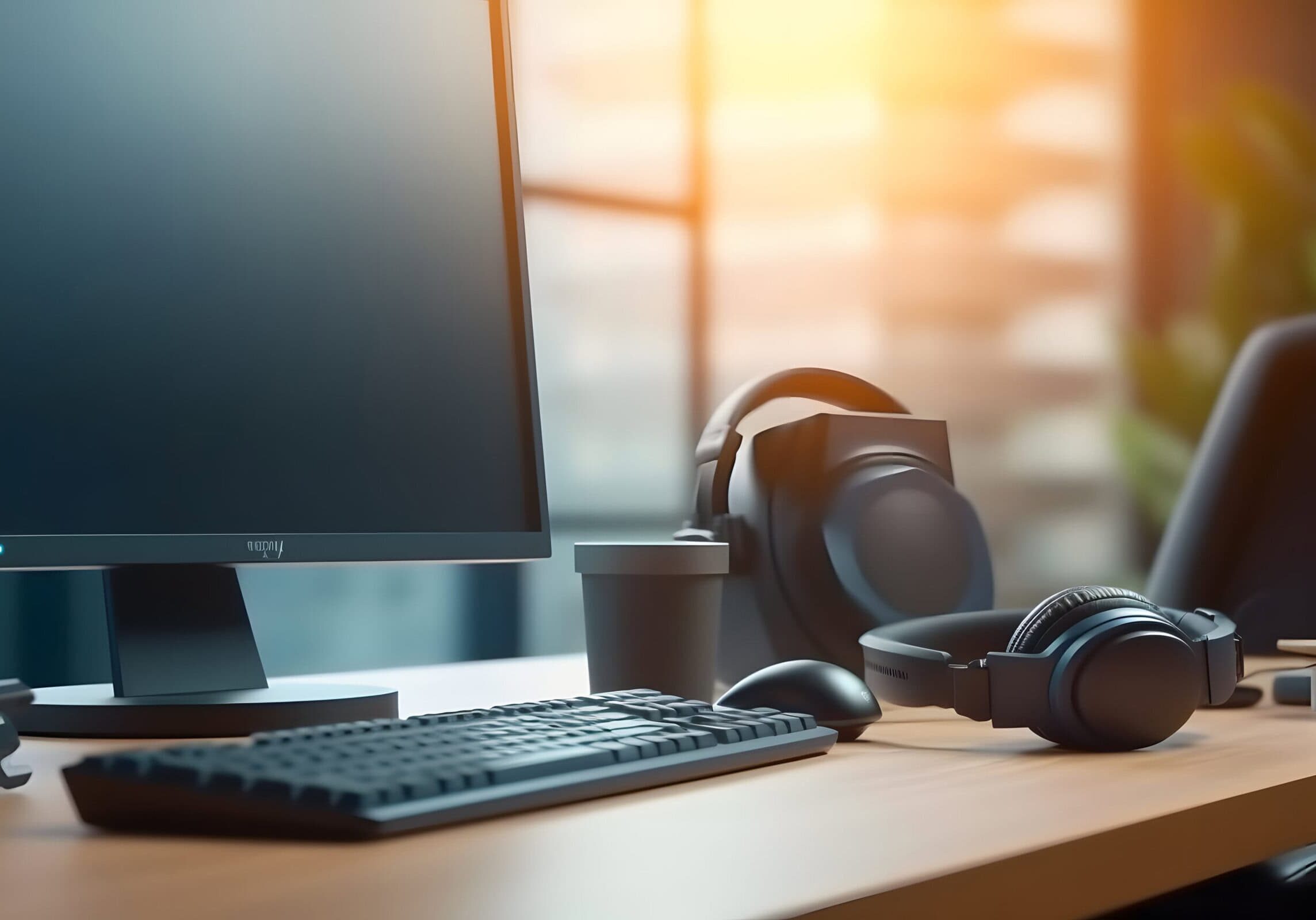 Headphones on table wood.