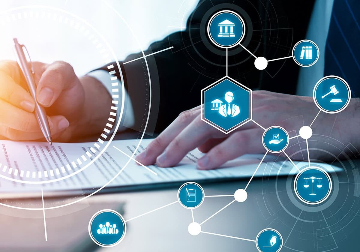 Legal advice icons and lawyer working tools in the lawyers office showing concept of digital law and online technology of astute law and regulations.
