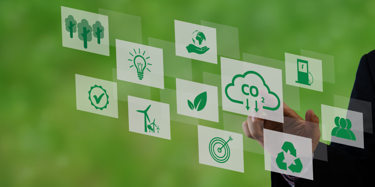 Organizations or companies develop carbon credit business virtual screen. Reduce CO2 emissions. Sustainable business development concept.